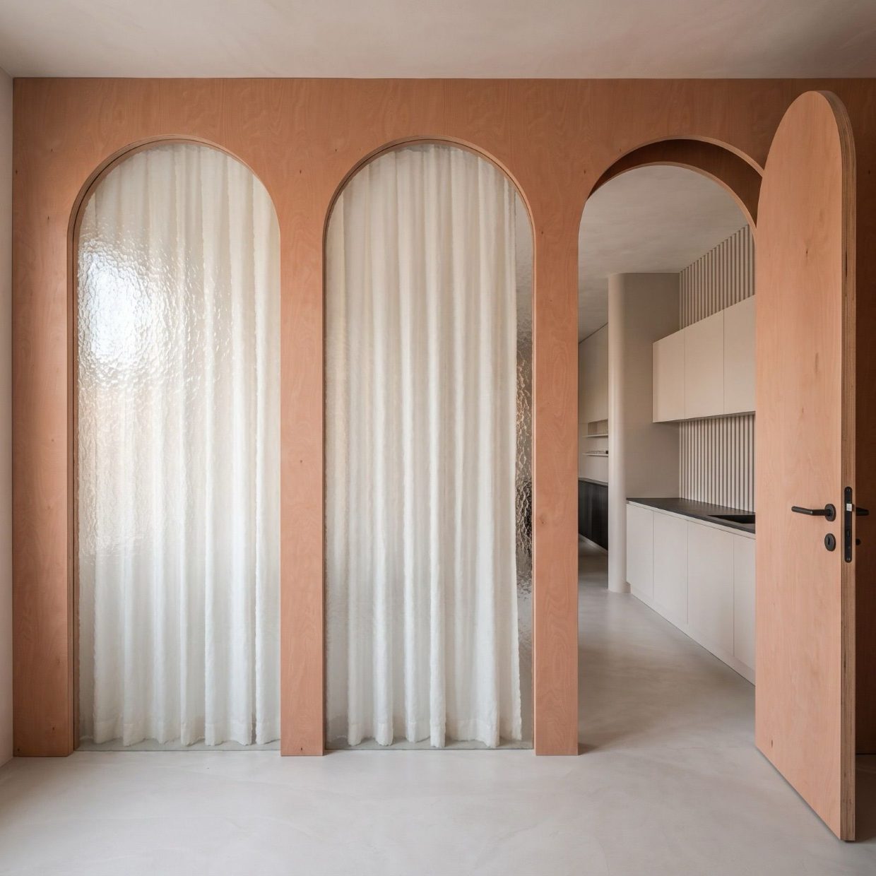 Visualisation of the arched birch wall in the new clinic
