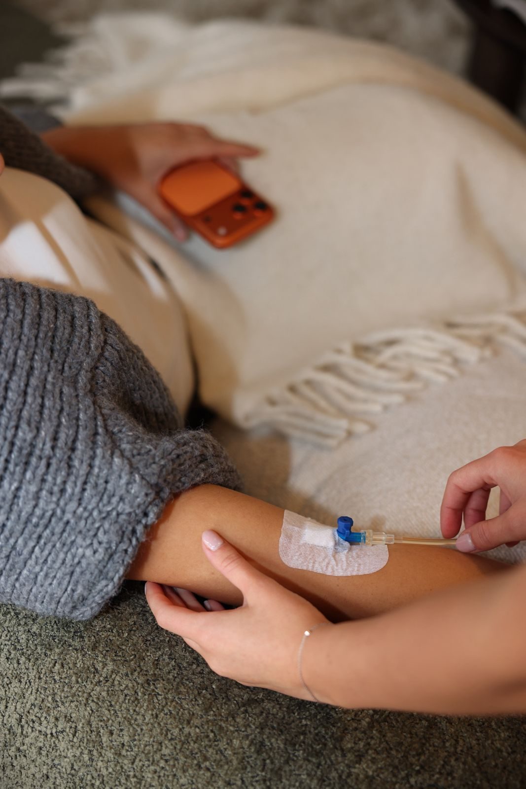 A cannula placed during a home visit